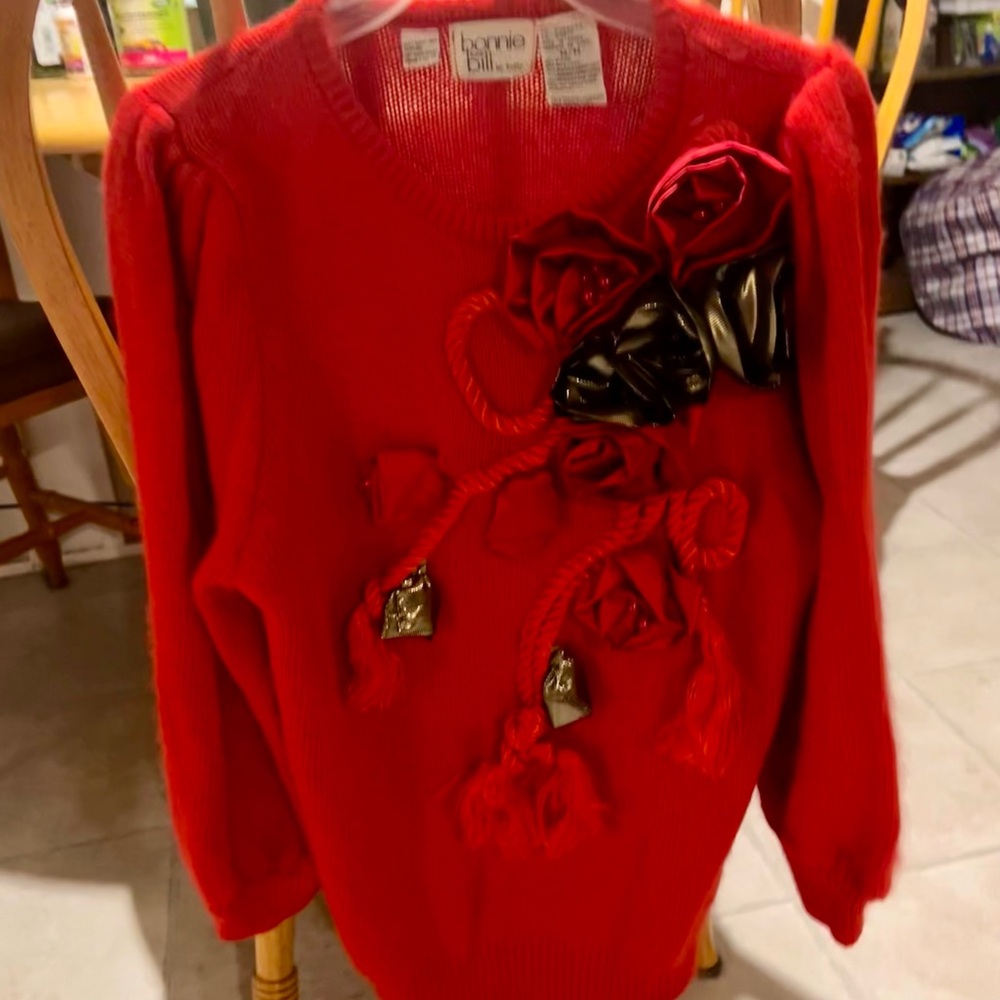 Beautiful Red Sweater with Floral Accents